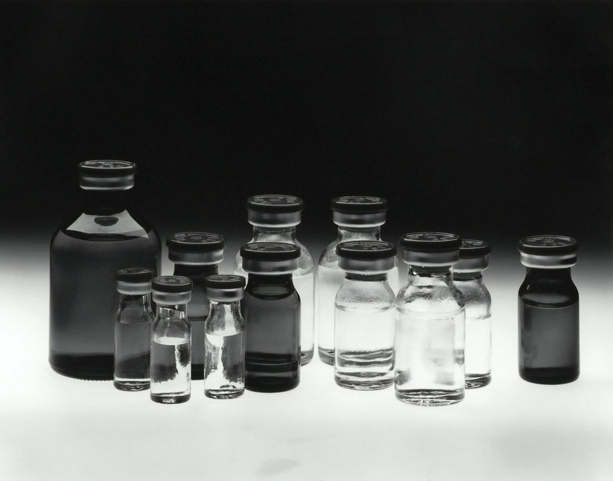 Image of black and white medical glass bottles