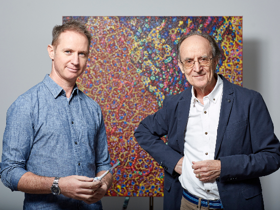 James Cochran and Mel Grieves Cell Defence 393 James Cochran and Professor Mel Grieves in front of 'Cell Defence'